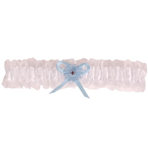 Kousenband wit met blauw bloemetje en strass