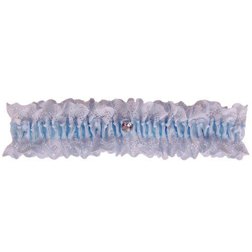 Blauwe kousenband met kant en strass steentje