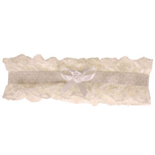Kanten ivoren kousenband met strikje en roosje
