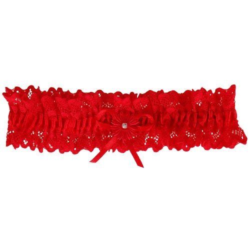 Rode kousenband met kant en bloemetje met strass steentje