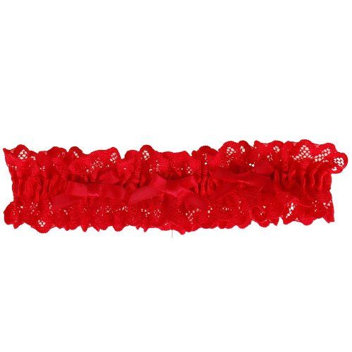 Rode kousenband met kant en 3 strikjes