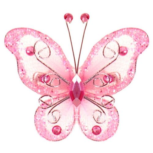 Haarklemmetje Roze Organza Vlinder met Steentjes en Glitters - 6x5cm