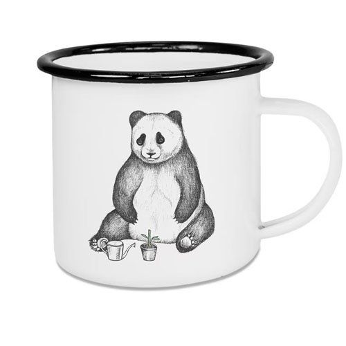 Emaille beker - Panda met Plantje Bamboo en gieter - Wit met Zwarte rond - 500ml
