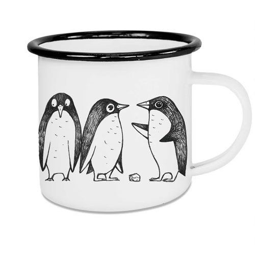 Emaille beker - Pinguins - Wit met Zwarte rond - 500ml