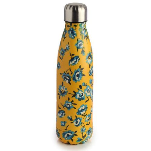 RVS Thermosfles warm en koud Pick of the Bunch Pioenroos - Gele fles met blauwe bloemen - 500ml