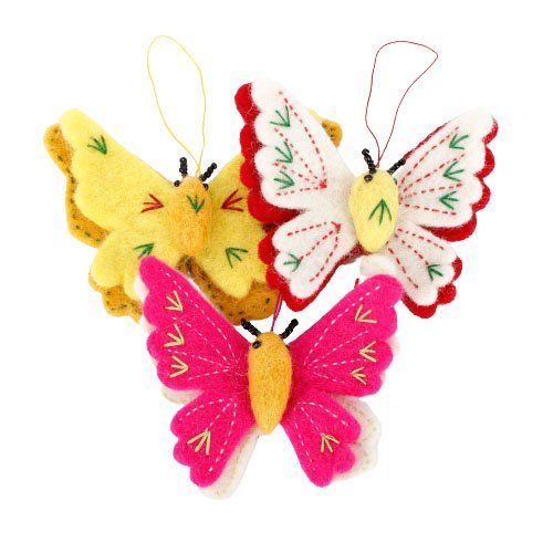 Vilten hangers vlinder 3 stuks geel roze rood - 11x8cm
