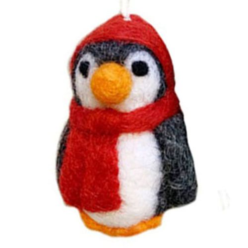 Vilten hanger pinguin met sjaal rood - 7cm