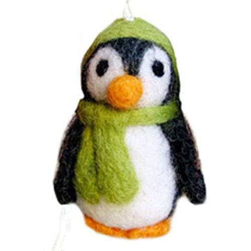 Vilten hanger pinguin met sjaal groen - 7cm