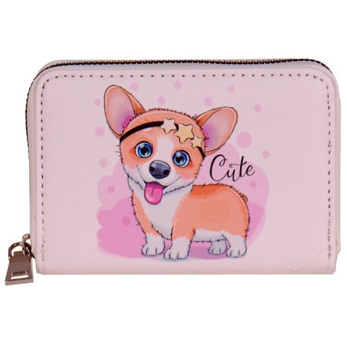 Portemonnee wit met roze met getekend hondje "cute" - 13x9cm