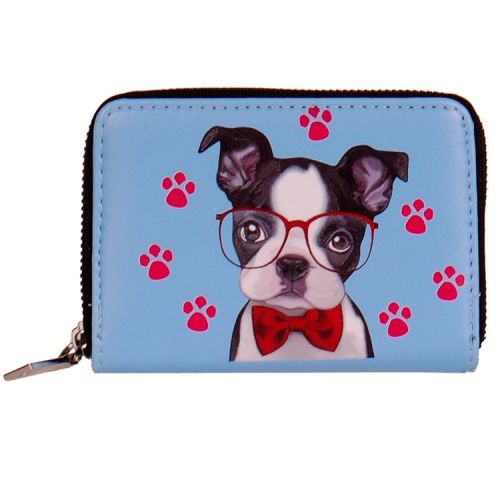 Portemonnee blauwmet pootafdrukken en getekend hondje met bril - 13x9cm