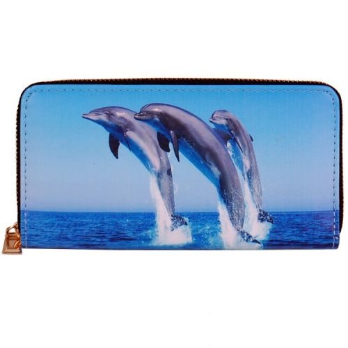 Portemonnee met 3 dolfijnen die uit water springen - 19,5x10cm