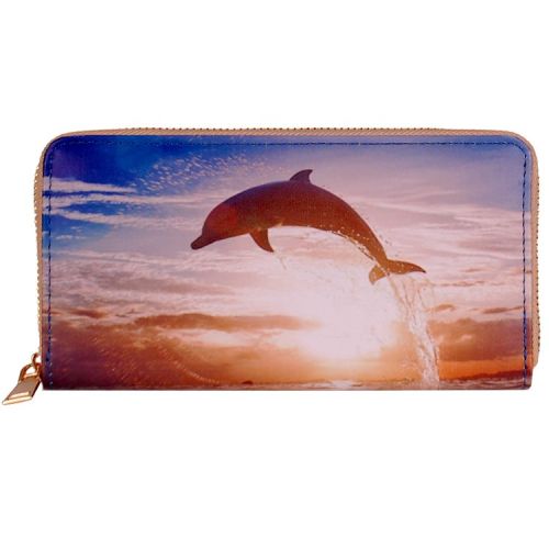 Portemonnee met dolfijn die uit water springt bij zonsondergang - 19,5x10cm