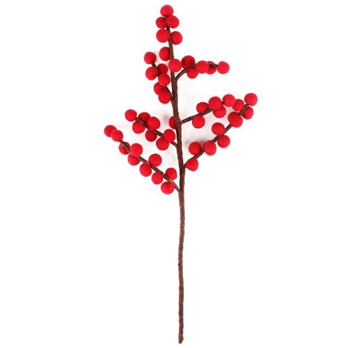 Vilten Decoratie Bruine Tak met Rode Besjes - 42cm