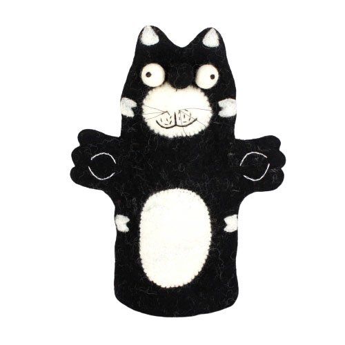 Vilten handpop kat zwart/wit - 28 cm