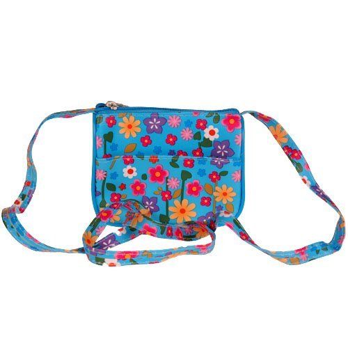 Mini schoudertasje blauw met gekleurde bloemen - 11x9 cm