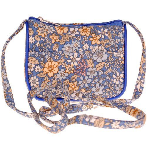Mini schoudertasje blauw met gekleurde bloemetjes - 11x10 cm
