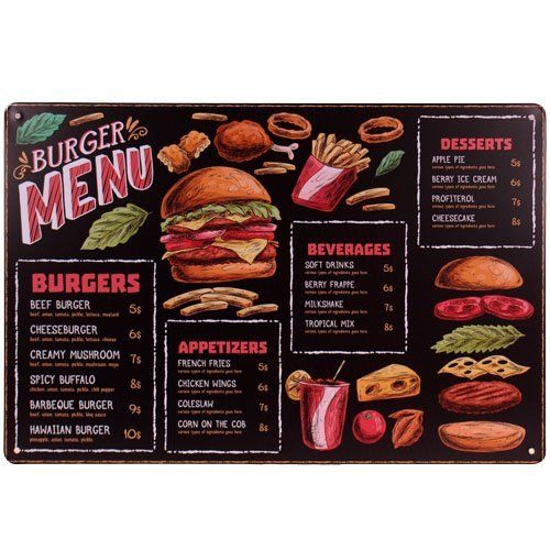 Metalen plaatje Burger Menu - Hamburgers - 31x21 cm 