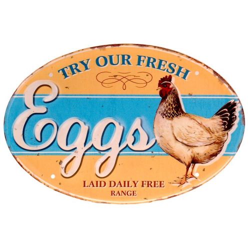 Ovale Metalen Plaat Geel/Lichtblauw Kip Try Our Fresh Eggs 30x20